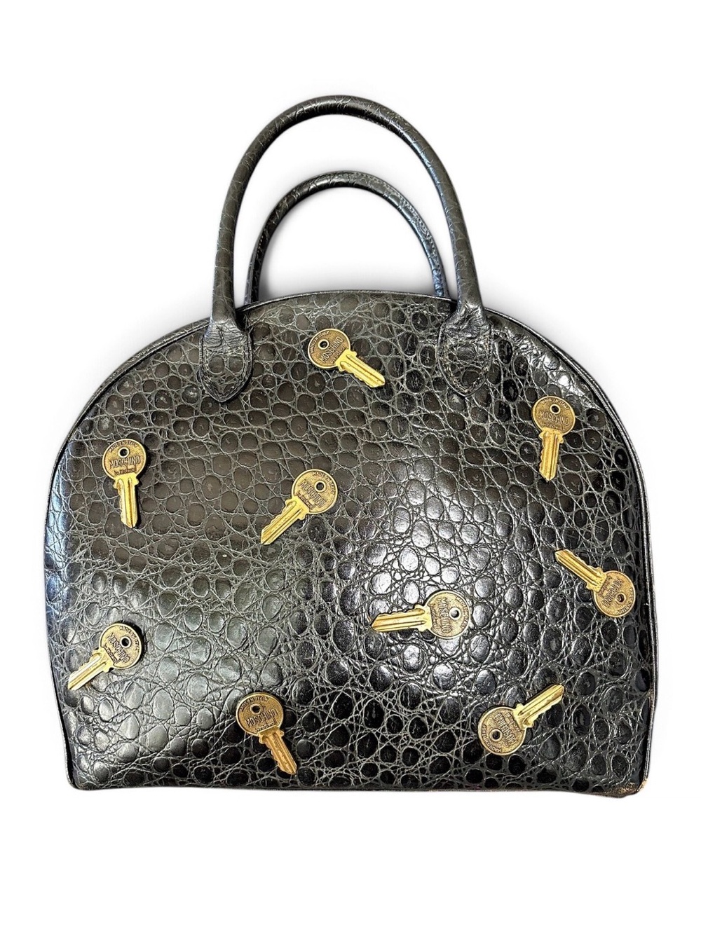 Vintage Moschino Redwall 1988 Croc Embossed Leather Key Bowling Bag Satchel Blac
